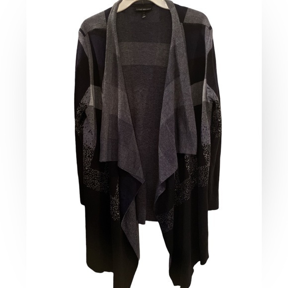 Lane Bryant Black & grey Plaid  chic Waterfall Front Cardigan Sweater Size 14/16 - Picture 1 of 5